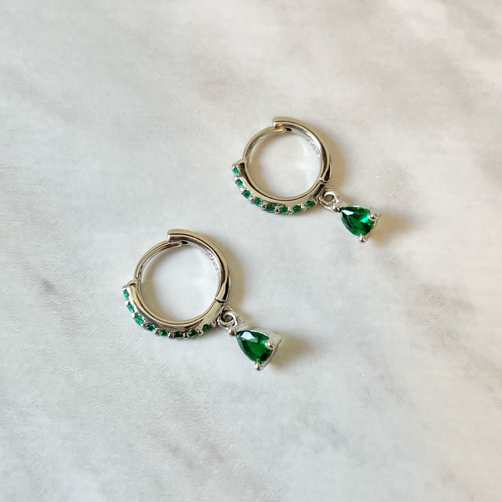 New Sterling Silver 925 Green Crystal Huggie Hoops earrings set